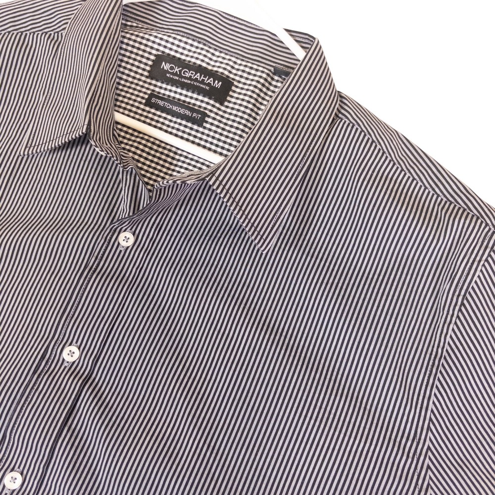 Nick Graham Mens 2XL Navy Blue White Striped Stretch Modern Fit Dress Shirt XXL